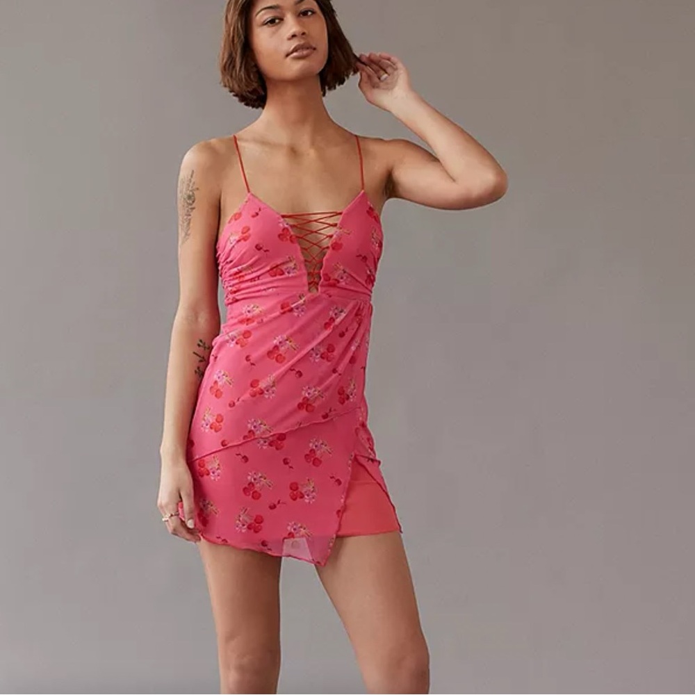 URBAN OUTFITTERS Cherry Lace Up Mesh Mini Dress